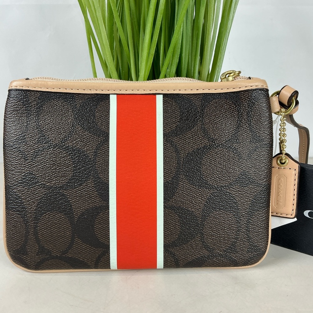 New Coach Signature Brown Vermillion Wristlet Bag with Red White Stripe‎ - Picture 2 of 10